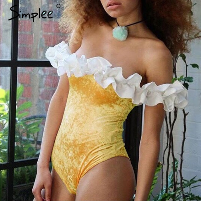 Simplee Sexy off shoulder one piece playsuit Ruffles velvet bathing yellow bodysuit Elegant swimwear women plus size jumpsuit
