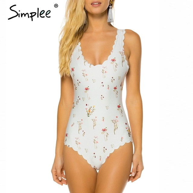 Simplee Floral print one piece playsuit women Summer push up elegant swimwear bodysuit plus size Sexy bodycon beach wear overall