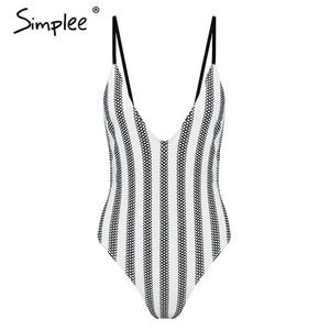Simplee Sexy striped white bodysuit women Push up print adjustable strap bathing suit swimwear Summer beach wear female playsuit