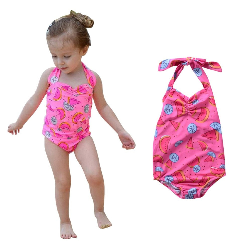 Girls One Piece Halter Swimsuit Stretch Cartoon Kids Swimwear Soft Cute Fruit Print Children Vacation Beachwear Baby Clothing