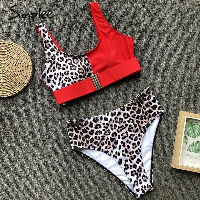 Simplee Sexy leopard print women swimwear bathing suit Push up two-pieces bodysuit Summer beach casual high waist swimsuit 2019