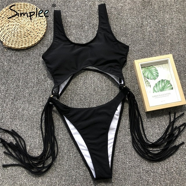 Simplee Vintage leopard women bodysuit Tassel high cut summer swimwear Sexy one-piece swimsuit Push up fashion animal bra sets