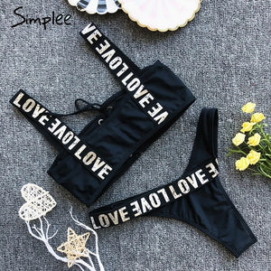 Simplee Sexy push up two-piece bodysuit women padded playsuit Summer beach bathing suit Black lace up swimsuit casual swimwear
