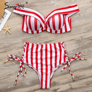 Simplee Sexy striped two pieces women bra Push up lace up swimwear bodysuit High waist beach bikinis 2019 ladies bathing suit