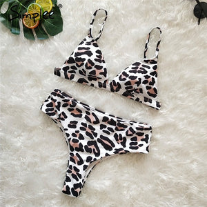 Simplee Leopard print women two piece bodysuit High waist push up triangle swimwear Sexy floral print female summer swimsuit