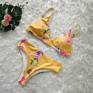 Simplee Leopard print women two piece bodysuit High waist push up triangle swimwear Sexy floral print female summer swimsuit