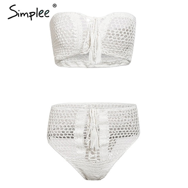 Simplee Sexy two piece women bodysuits Strapless lace up hollow out white playsuit Holiday beach swimwear summer playsuits 2019