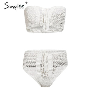 Simplee Sexy two piece women bodysuits Strapless lace up hollow out white playsuit Holiday beach swimwear summer playsuits 2019
