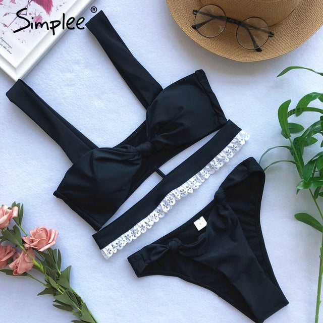 Simplee Sexy lace plaid two-pieces swimsuit Hollow out swimsuit black female bathers Strap push up swimwear female bodysuit 2019