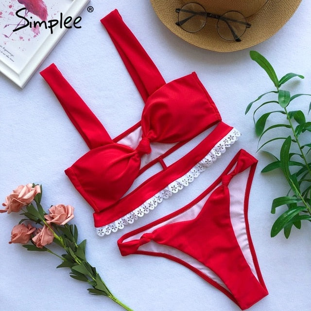 Simplee Sexy lace plaid two-pieces swimsuit Hollow out swimsuit black female bathers Strap push up swimwear female bodysuit 2019