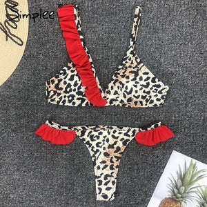 Simplee Sexy push up two-pieces bodysuit women swimwear suit Leopard print summer beach bathing suit Ruffled lace up bodysuit