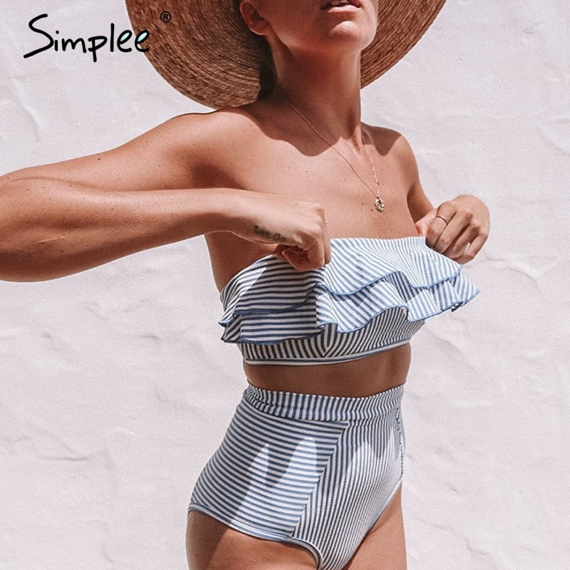 Simplee Ruffle Striped high waist women bathing suit Push up padded intimates female sexy swimwear Retro beach 2 pieces bodysuit