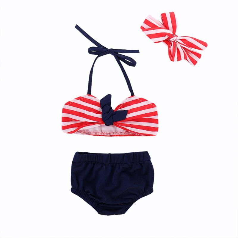 Girls Bikini Swimwear Set Baby Girls Stripe Swimwear Top Tranangle Short Headband Kids Split Swimsuit Hairbands