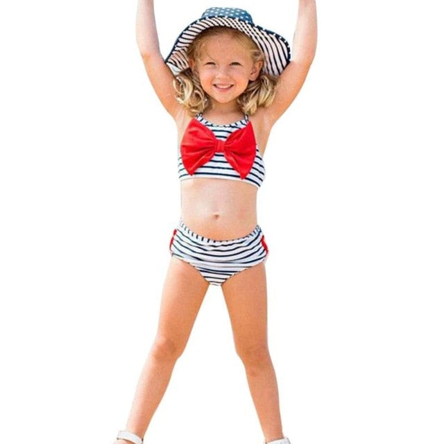 2019 Kids Swimwear Baby Girl Swimsuit Bowknot One-Piece Stripped Jumpsuit Bathing Suit Summer Toddler Children Beachwear